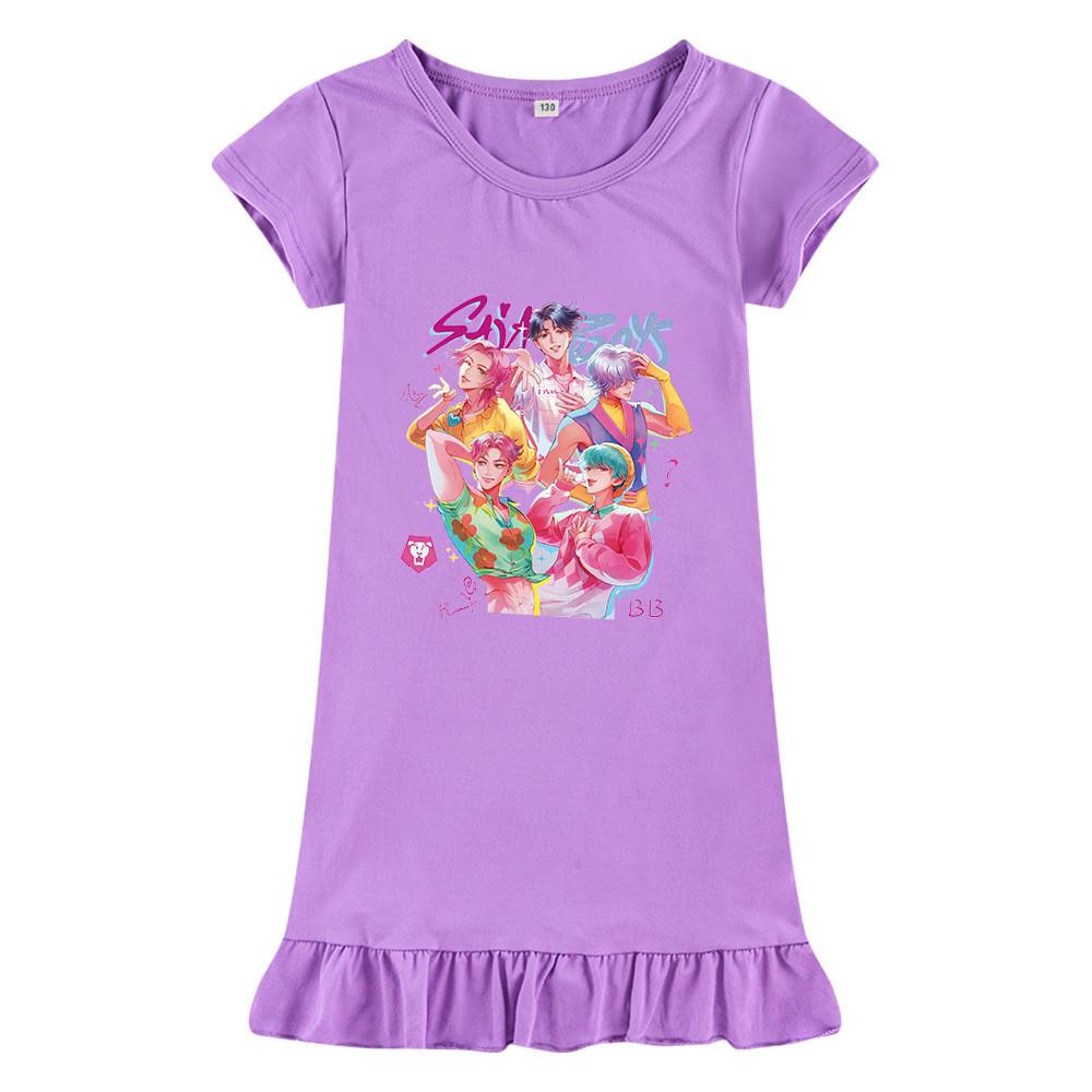 M1207 Kids Girls Sajaboys Kpop Rumi Zoey Mira Print Short Sleeves Ruffle Dress