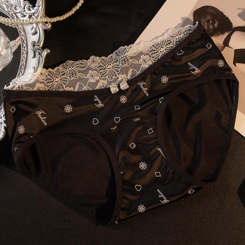 Ladies Spring and Summer New Sexy Lace Satin Ice Silk Without A Trace Wrapped Hip Cotton Crotch Waist Triangle Briefs