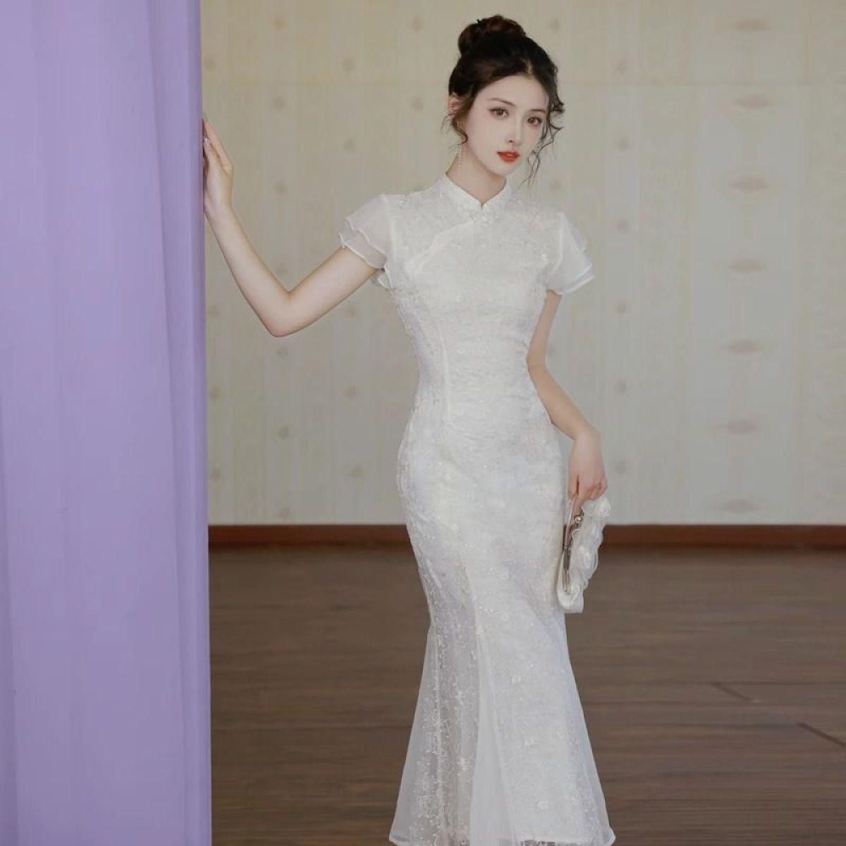

Платье Cheongsam Fishtail в китайском стиле, повседневное платье, летнее белое платье
