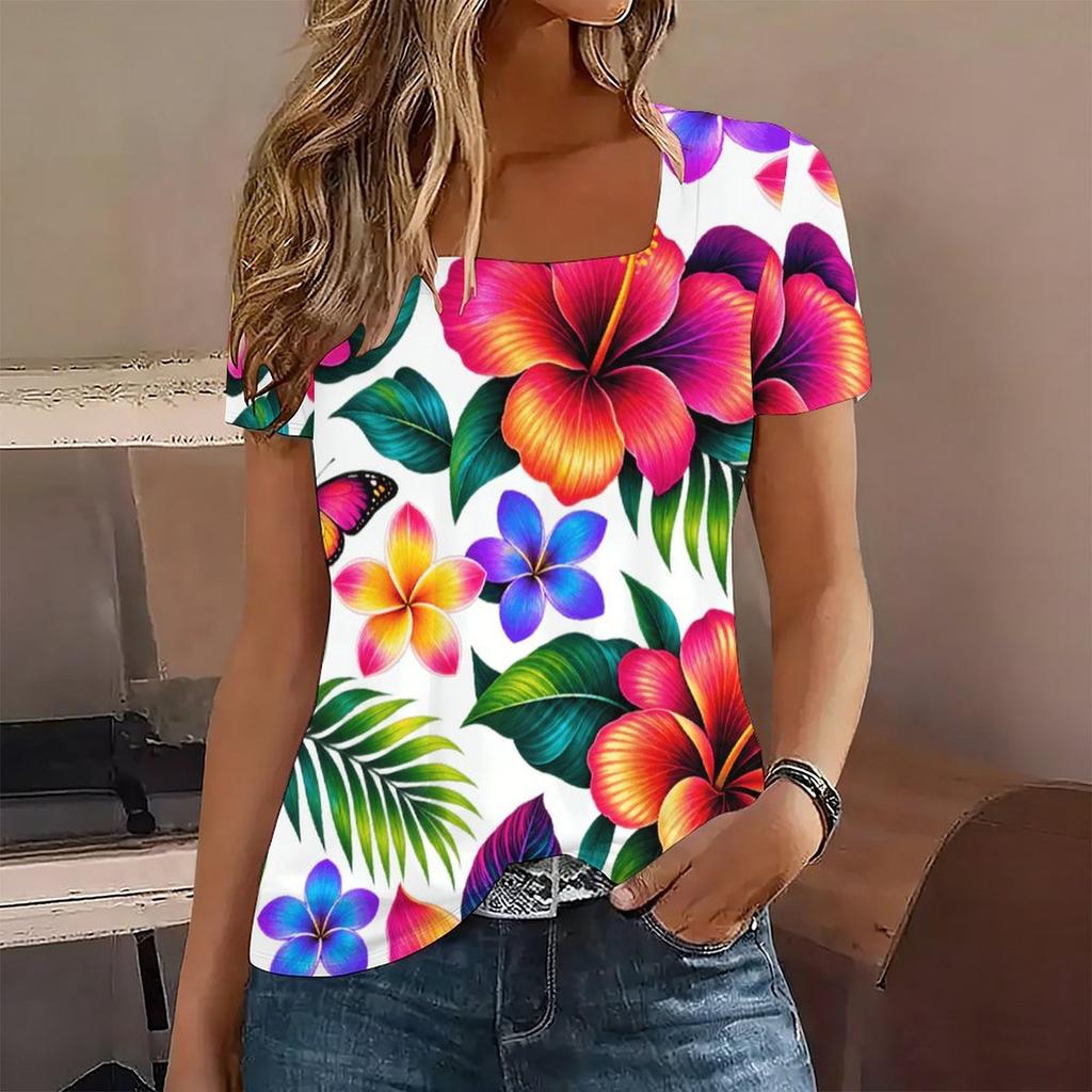 Women Plus Size U Neck Short Sleeve Tropical Floral Leaf Printed T Shirt Curved Hem Casual Tops