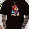 Men Cotton T-Shirt with Cartoon Capybara Gamer Design Crew Neck Short Sleeve Summer Tee Men Clothing