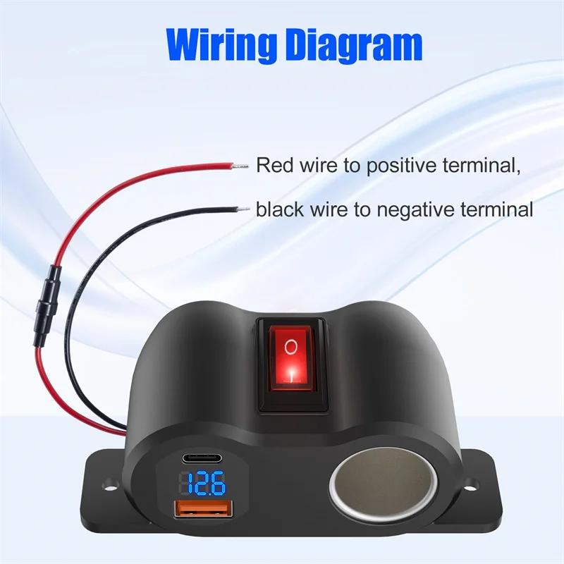 Car Phone Charger Adapter PD QC3.0 Socket 120W Cigarette Lighter Power Adapter Fast Charging 12/24V with Voltmeter On/off Switch