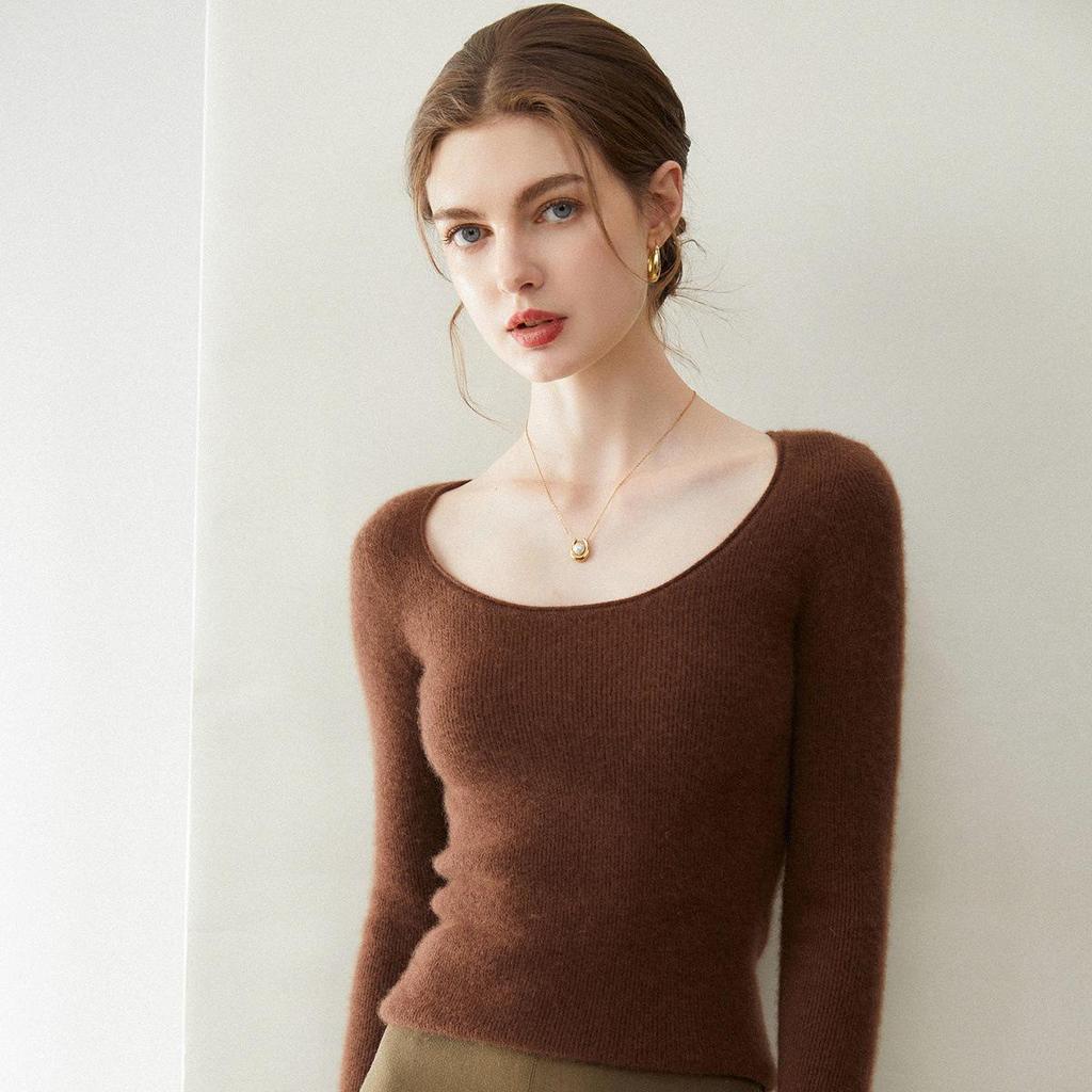Women's Slim-Fit U-Neck 100% Cashmere Sweater - Low Round Neck Knit Base Layer