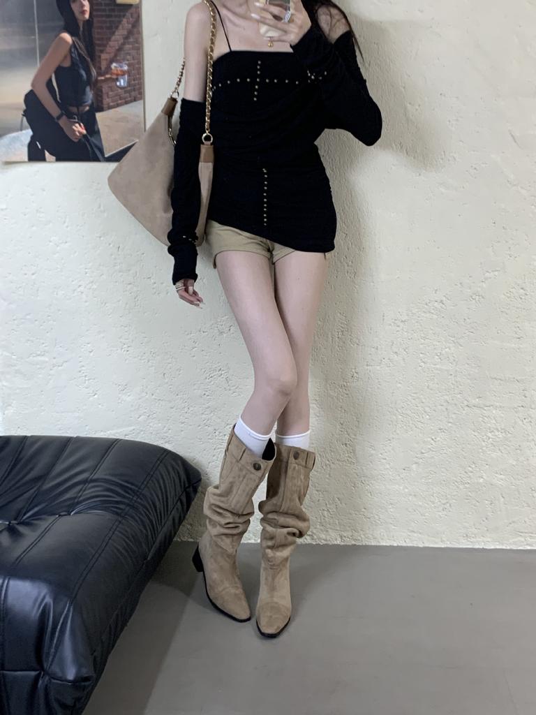 2025 New Autumn and Winter Pleated Piled Boots Round Head Thick Heel Suede Two Wear Knight Women's Boots