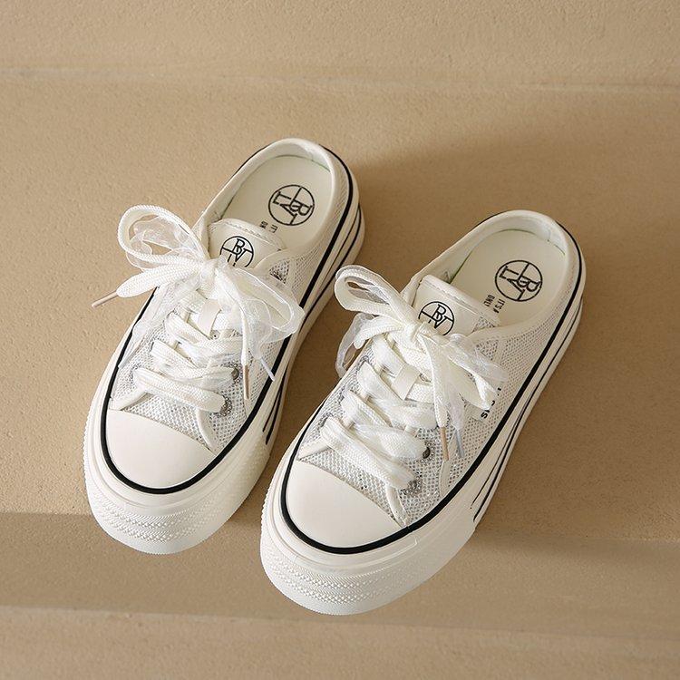 

Баотоу тапочки женские летние 2025 новые кружевные туфли без каблука универсальная платформа холщовые студенческие полутапочки 40