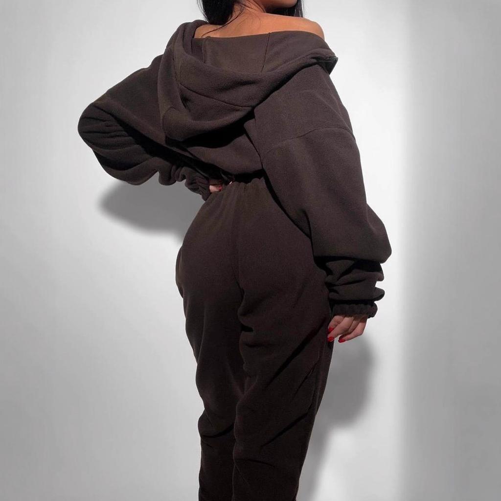 European and American casual sports women's clothing solid color long-sleeved zipper hooded women's fleece fashion onesie