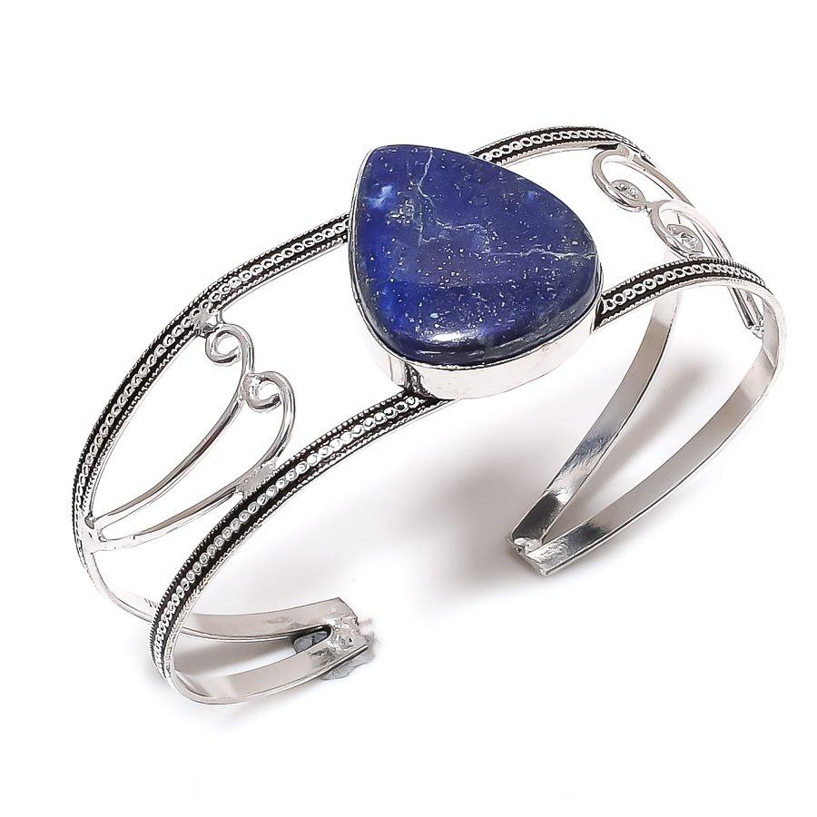 

Natural Lapis Lazuli Gemstone 925 Sterling Silver Cuff Bangle Adjustable P9K65