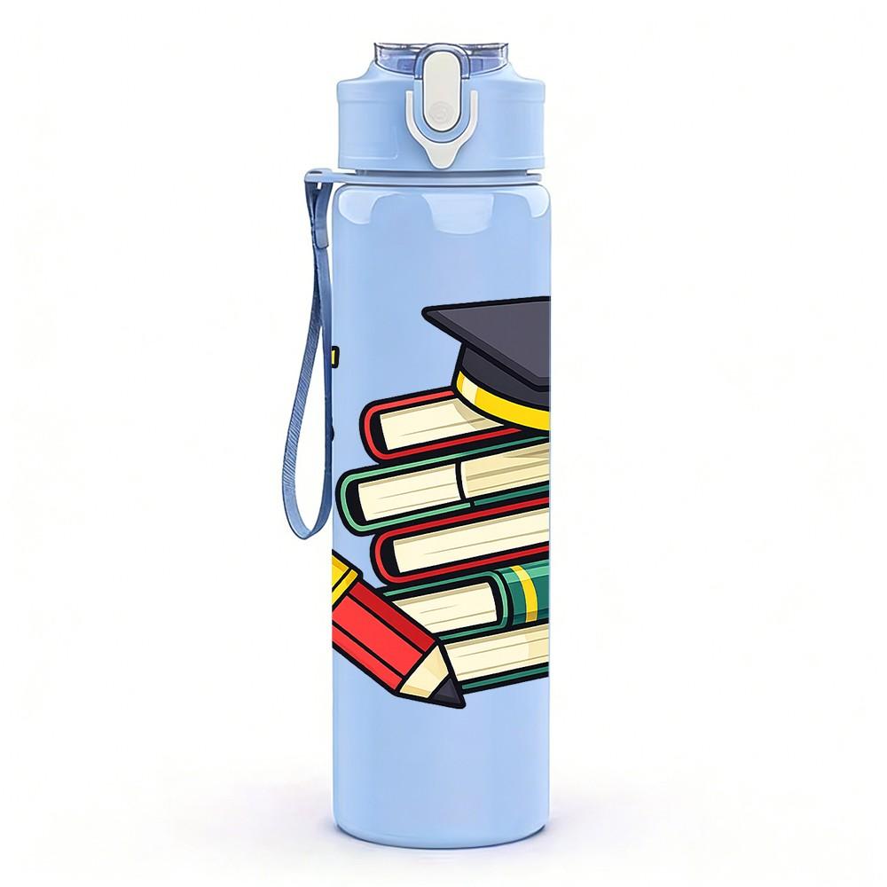 1PC Graduation Book Pencil Theme 750ml Color Plastic Sports Water Bottle Leakproof Flip Straw Lid Suitable for Sports Office Home Use