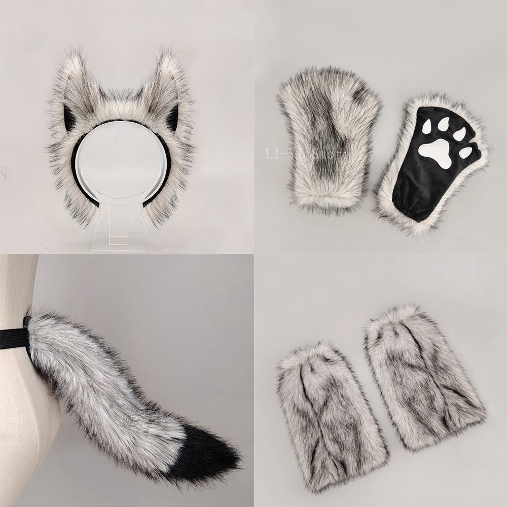 Werwolf Kostüm Zubehör Set - Wolfsohren Stirnband, Pfoten Handschuhe & Schwanz, Flauschiger Beinwärmer, Anime Cosplay Requisite Für Party & Bühne as show gray