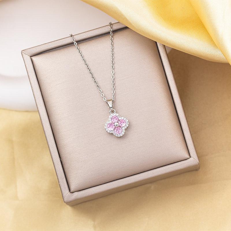 Copper Zirconia Pink Four Leaf Clover Pendant Necklace Women, Crystal Charm, Light Luxury Premium 18K Gold Plated Necklace