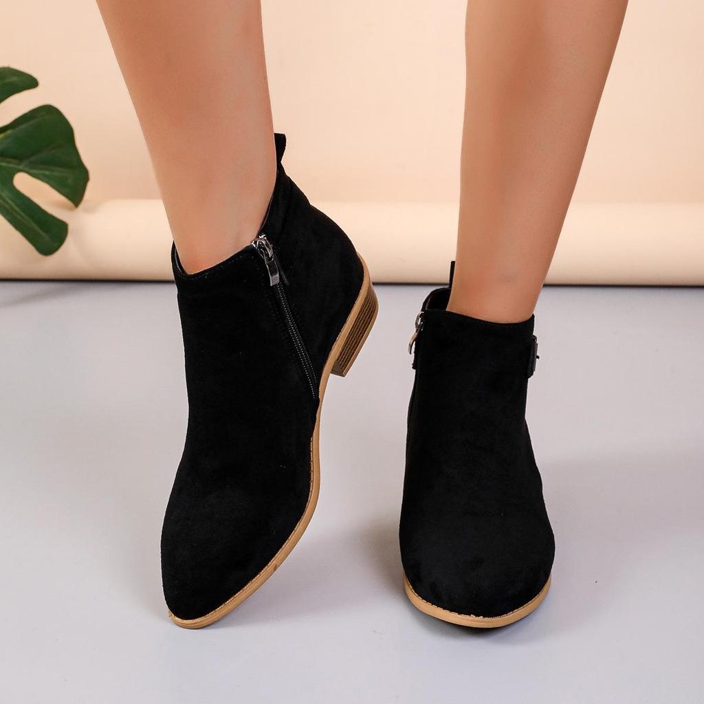 Dámské 2024 Semišové Špičaté Kotníkové Boty s Přezkou na Pásku a Silným Podpatkem - Velká Velikost