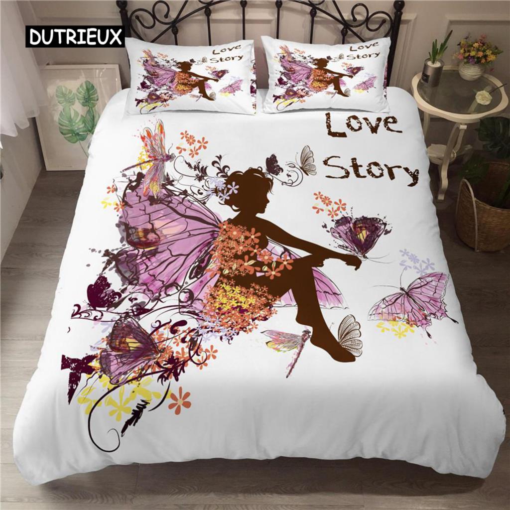 Feen-Bettbezug-Kollektion Musik Blume Schmetterling Schöner Bettdeckenbezug Mädchen Cartoon-Stil Doppelgröße Queen-Size King-Size Größe Polyesterstoff