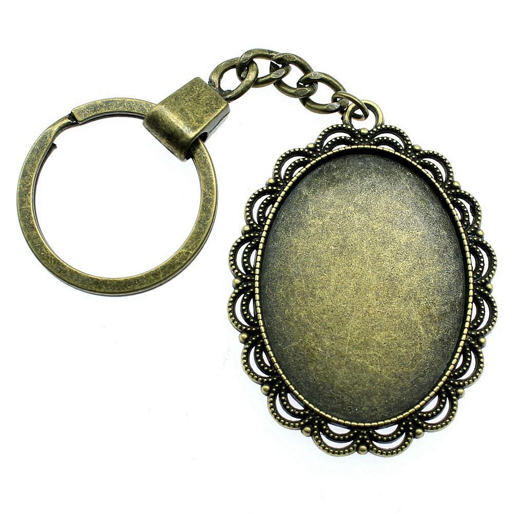 Heart Elliptical Glass Cabochon Base Setting Tray Blank Antique Bronze Metal Keychain for Family Gift