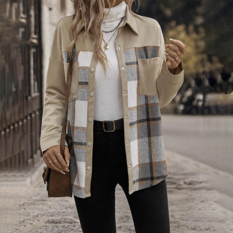 Veste décontractée à carreaux et poches à revers pour femme, grande taille, automne