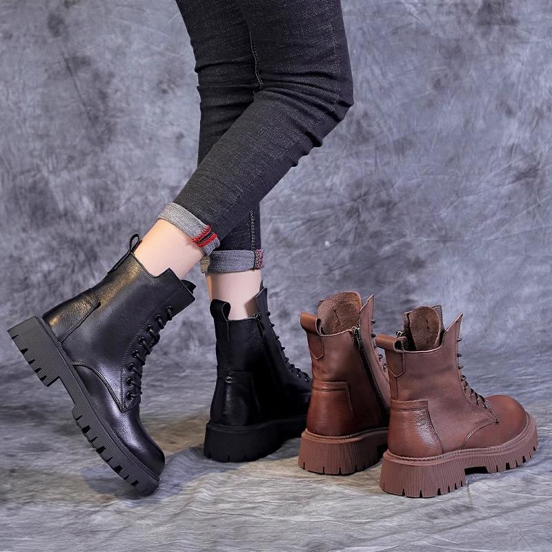 2025 autumn new handsome British side zipper platform cotton short boots locomotive boots lace-up middle help Martin boots