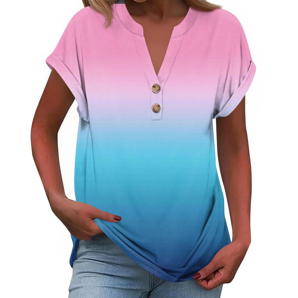 Women's Fashionable Casual Loose-Fit Short-Sleeved Button-Up V-Neck Printed T-Shirt Top