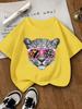 Playful Charm Colorful Leopard Face Print Girls TShirt Soft Crew Neck Short Sleeve Vibrant Summer Casual Top for Ages 714