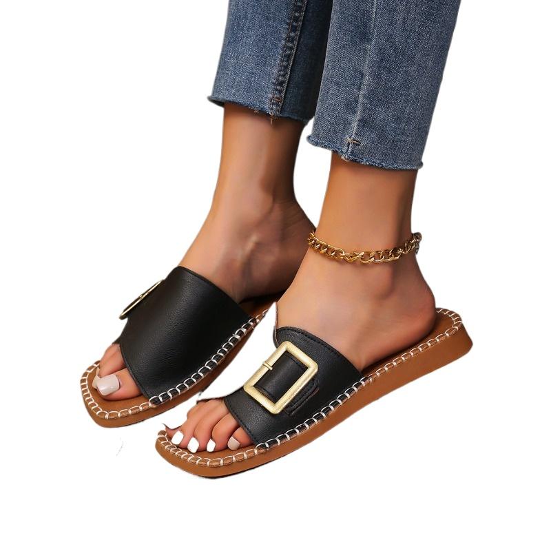 Fashion Plus Size 2025 Summer New Open Toe Women’s Slippers Round Toe Buckle Sewing Flat with Slippers for Outdoor Daily & Casual Sandal