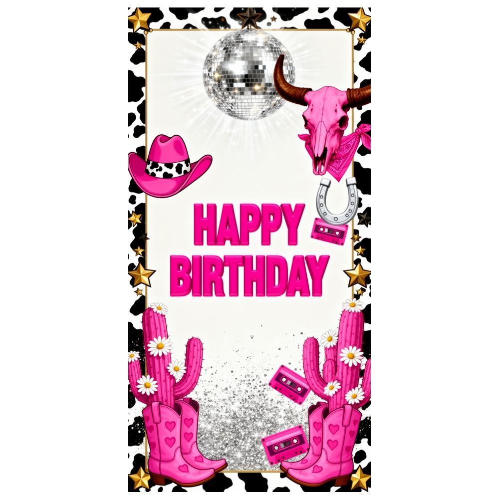 Disco Birthday Background Pink Cow Skull Birthday Display Banner Glitter Design Birthday Door Cover For Cowgirl Themed