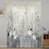 2PC Ink Wash Red-Crowned Crane & Reed Sheer Curtains - Elegant Chinese Landscape Window Drapes