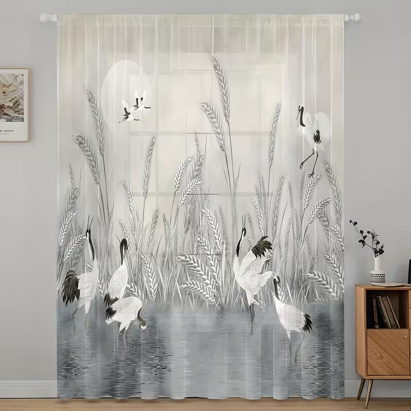 

2PC Ink Wash Red-Crowned Crane & Reed Sheer Curtains - Elegant Chinese Landscape Window Drapes 39Wx51L(100x130CM)&Rod Pocket