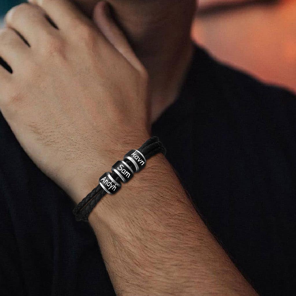 Customized Baeded Bracelets for Men Boys,3-Layers Leather Bracelet with Stainless Steel Tube,Jeweley Gift for Dad Husband