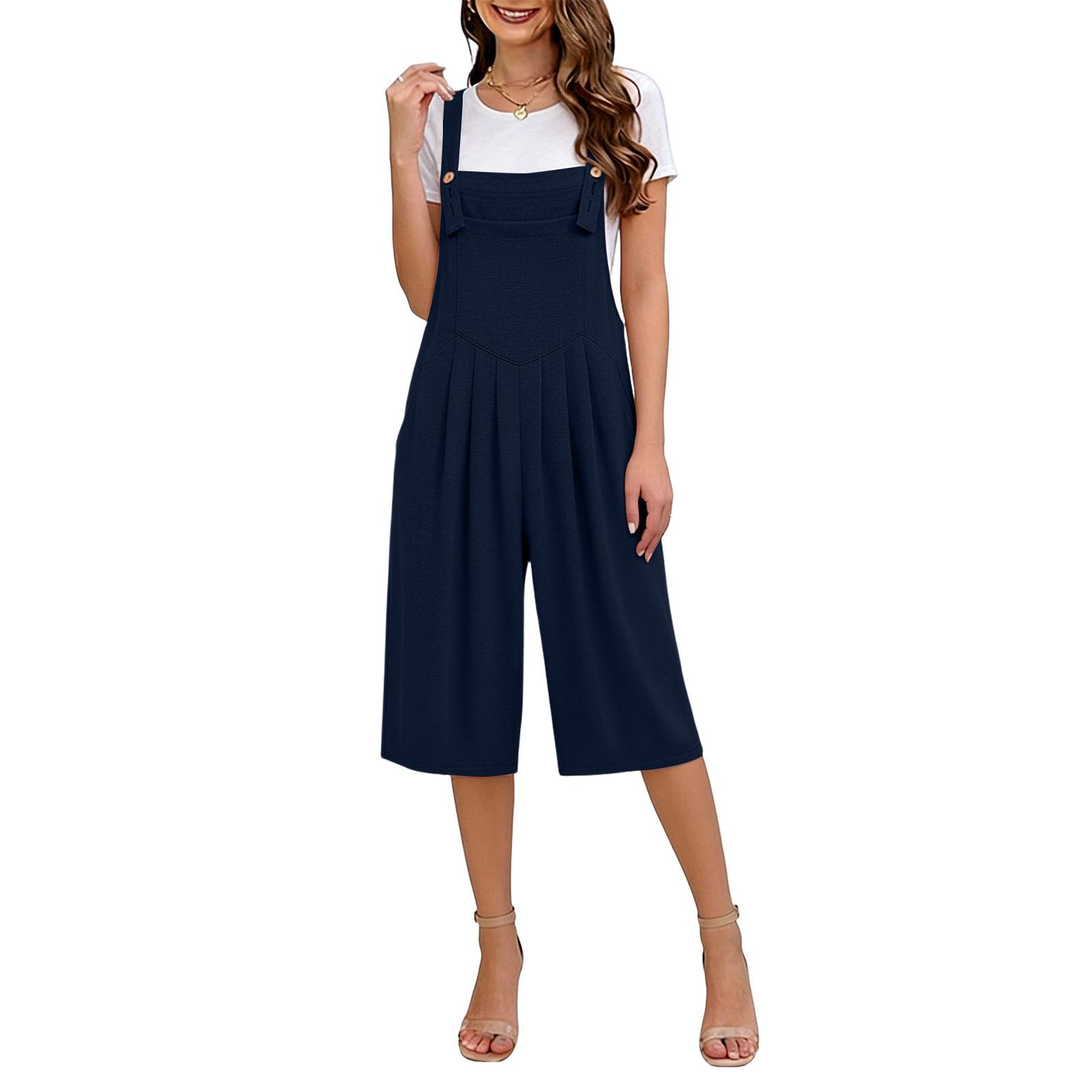 

Women’s Loose Fit Wide Leg Bib Overalls Sleeveless Adjustable Strap Jumpsuit with Front Button for Casual Wear M Темно-синій