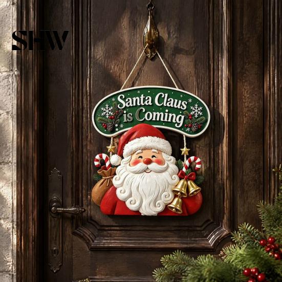 Christmas Tree Hanging Decorations Wooden Sign, Rustic Holiday Wall Decor with Santa Claus Door Hanger Reindeer And Snowman Patterns for Home & Window