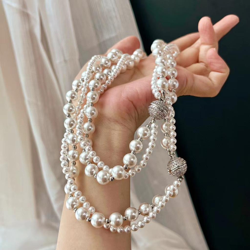 Vintage High Quality Artificial Australian White Double Layer Winding Pearl Necklace Collarbone Chain