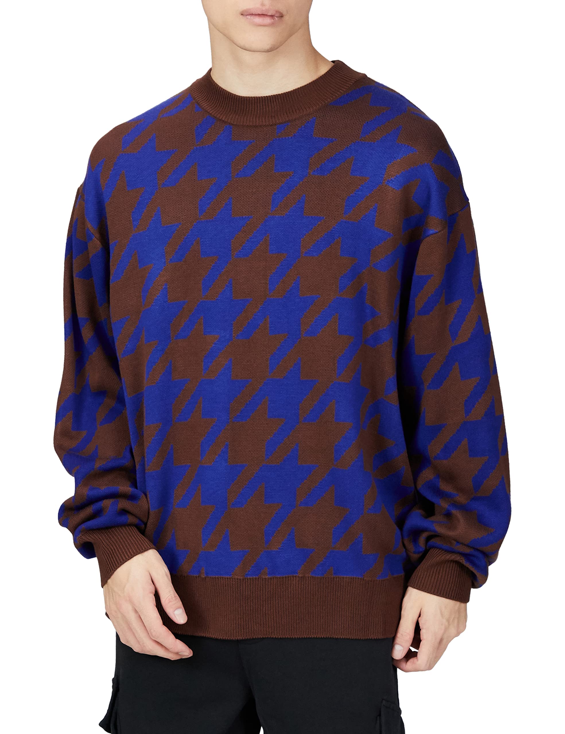 

Knit Sweater Houndstooth Pattern Crew Neck Knit Brown L [Improbes] Men s