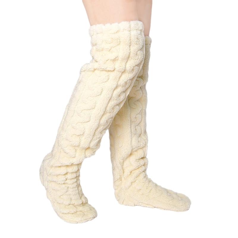 Women Furry Thigh High Slipper Socks Solid Color Cable Pattern Fleece Fuzzy Over Knee Stockings Winter Warm Leg Warmers