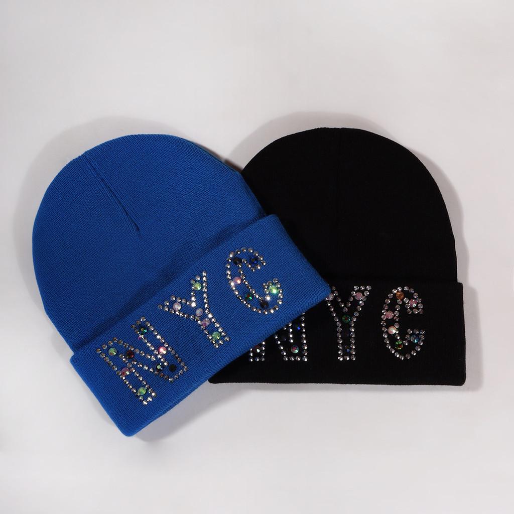 Letters Rhinestone Nyc Knit Hat For Unisex Autumn Winter Warm Cap Fashion Gift