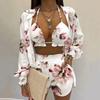 Summer Beach 3pcs Set Outfits Women Fashion Sexy Cardigan Blouse Tops + Shorts Set Lady Casual Lanter Sleeve Loose Short Pants Suits Leaf Print Sets