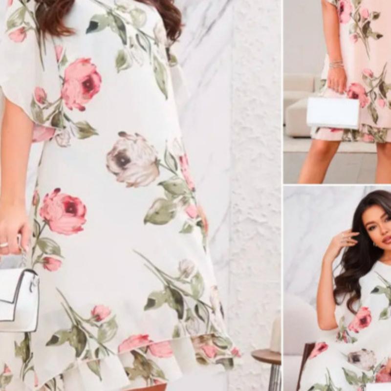 Fashion Chiffon Print Dress Women Loose Round Neck Summer Outfit