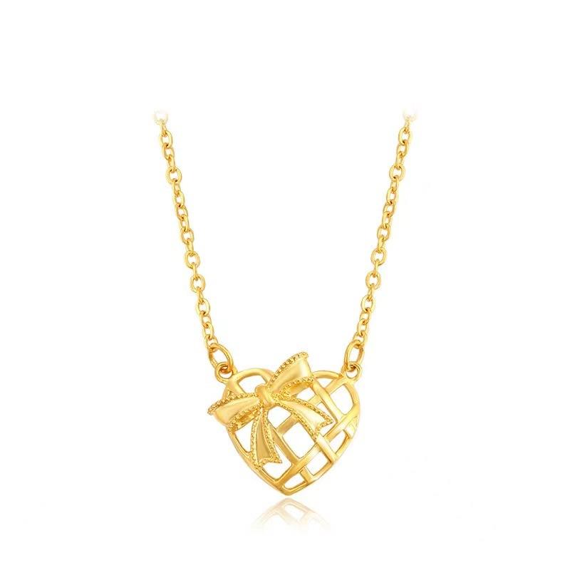 Golden Bow Hollowed-out Love Necklace for Women In Summer Temperament Simple Japanese and Korean Collarbone Chain