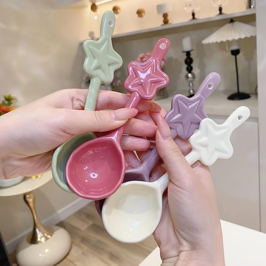 Set de 4 linguri ceramice în formă de stea, culori macaron, 15 cm, polonic de supă pentru uz casnic, linguri creative de valoare ridicată pentru terci, tăiței, înghețată, deserturi