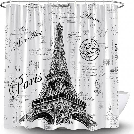 Eiffel Tower Shower Curtain Retro Hand-Painted Postmar Seal France Romantic European Paris City Architectural Cultural 70" L x 70" W Bathroom Decor
