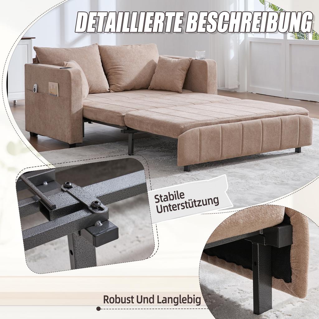 Multifunctional Fabric Sofa, Pull-Out Folding Sofa, with Storage Pockets on the Armrests, with USB Charging Function and Cup Holders (khaki, Chenille)