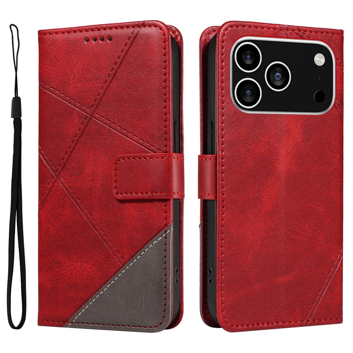 

For iPhone 17 Pro Leather Case Geometric Line Design Wallet Phone Cover with Wrist Strap Red