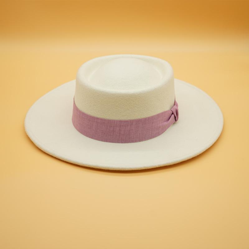 French Retro Simple White Woolen Flat Top Panama Top Hat Female Autumn And Winter British Celebrity Felt Elegant Hat