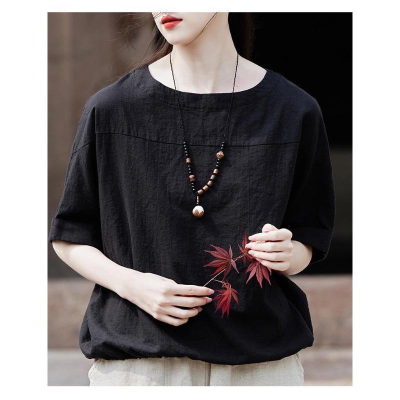 Mid-sleeved T-shirt for Women's Summertime New Arrival Mother-wearing Round Neck Cotton and Linen Top Temperament Small Shirt Chinese Style Tea