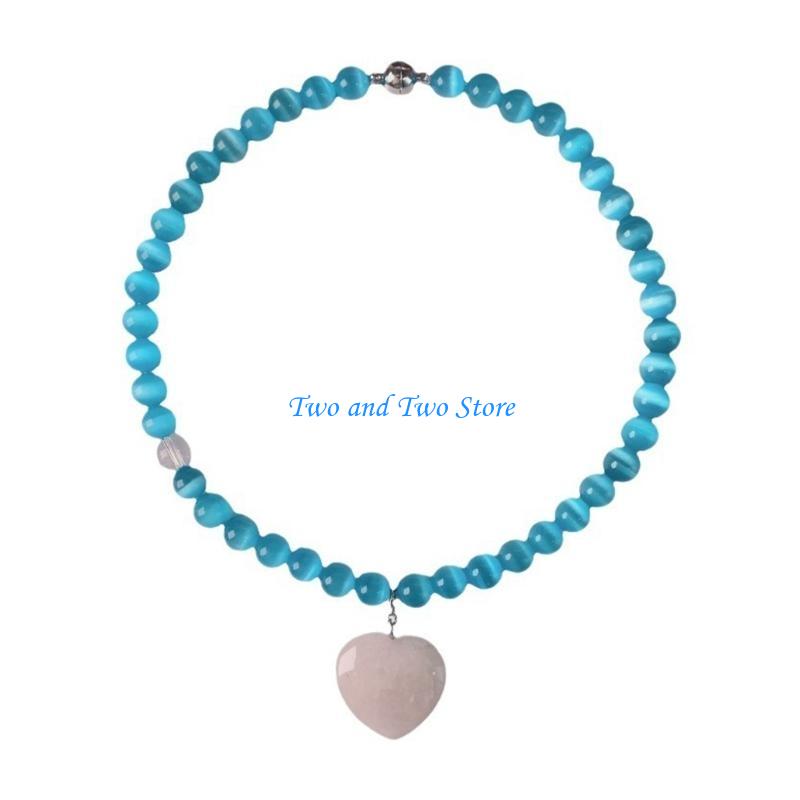 HX6F Stylish Charm Blue Cats Eye Heart Pendant Necklace Adds Elegant Styles