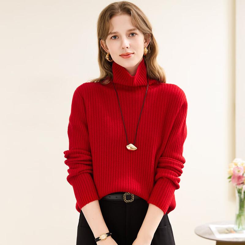 TUHUANG Women's Ribbed Wool Cashmere Turtleneck Sweater