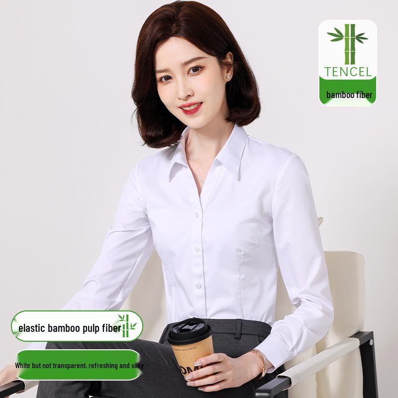 Women's Slim Fit Long Sleeve Bamboo Fiber Anti-Wrinkle White Shirt for Business or Casual Wear