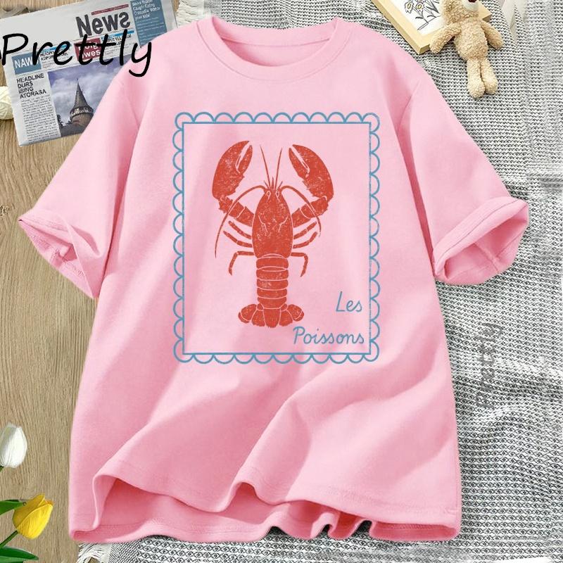 Koszulka z Homarem Francuska Nadmorska Koszulka Męska Damska Letnia Bawełniana Koszulka z Krótkim Rękawem Oversize Okrągły Dekolt Koszulka Oversize