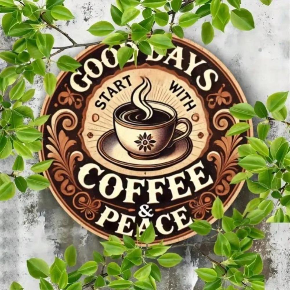 Good Days Start with Coffee Peace Round Metal Sign Waterproof Rustproof Decor for Bar Cafe Kitchen