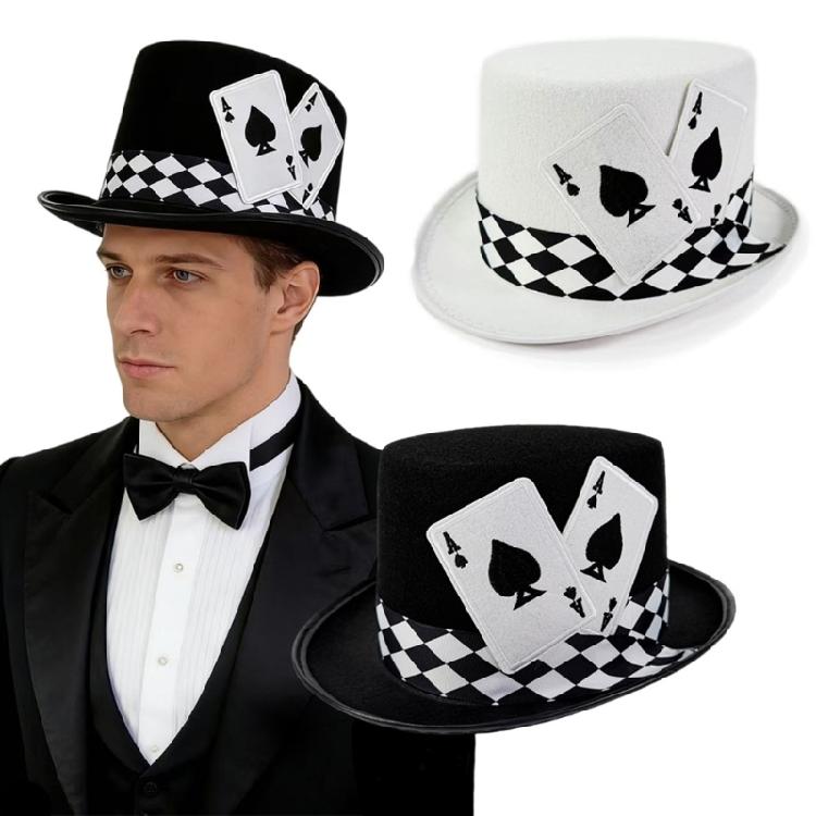 Elegante Cartola para Mulheres Homens Roupa de Festa Padrão de Cartas de Poker Chapéu Alto para Apresentações de Palco e Ocasiões Formais