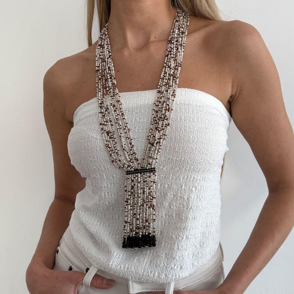 Floral Multi-Layer Beads Necklace Metal Chain Tassel Collarbone Chain Multi Layer Choker Girls