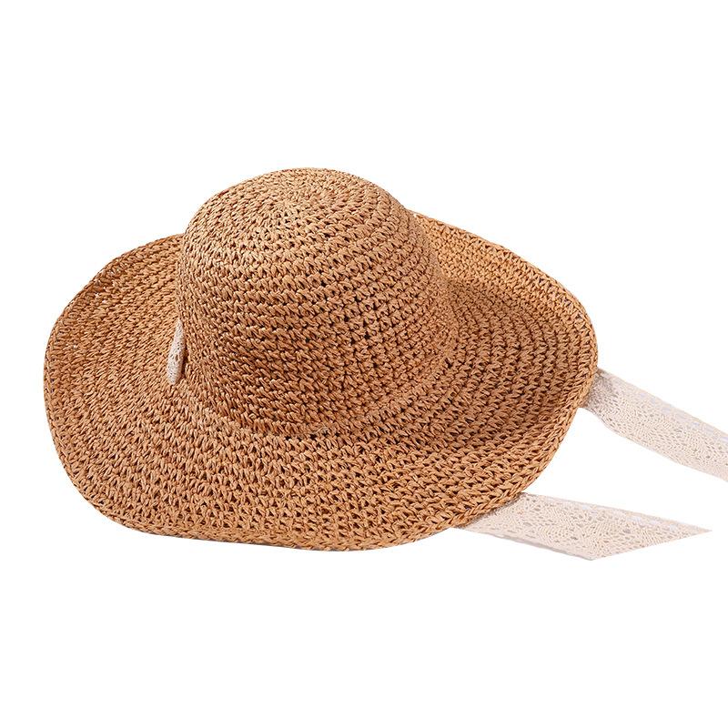 Foldable tether handmade crochet straw hat children summer sun protection bucket hat beach vacation shade basin hat