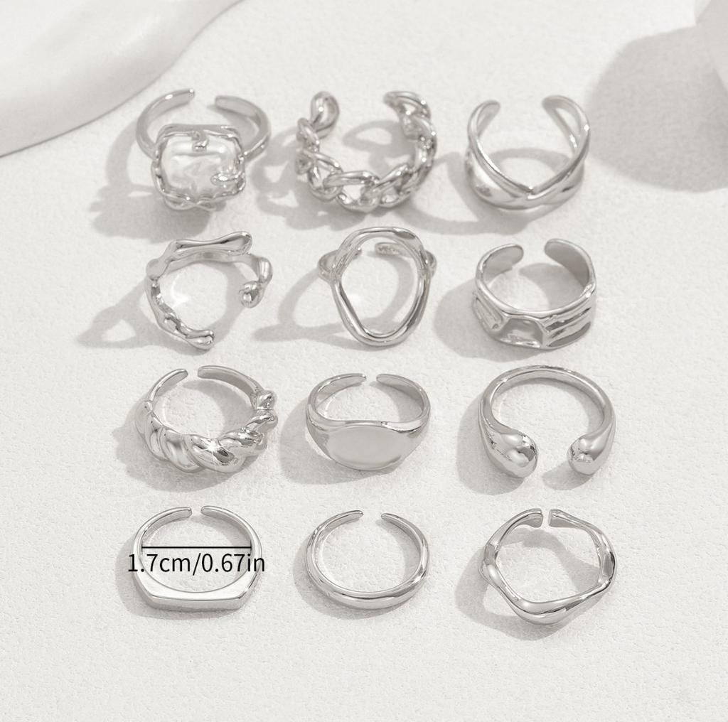 12Pcs/Set Irregular Smooth Rings Set for Women Geometric Exaggerated Imitate Pearl Finger Rings Vintage Fashion Party Jewelry